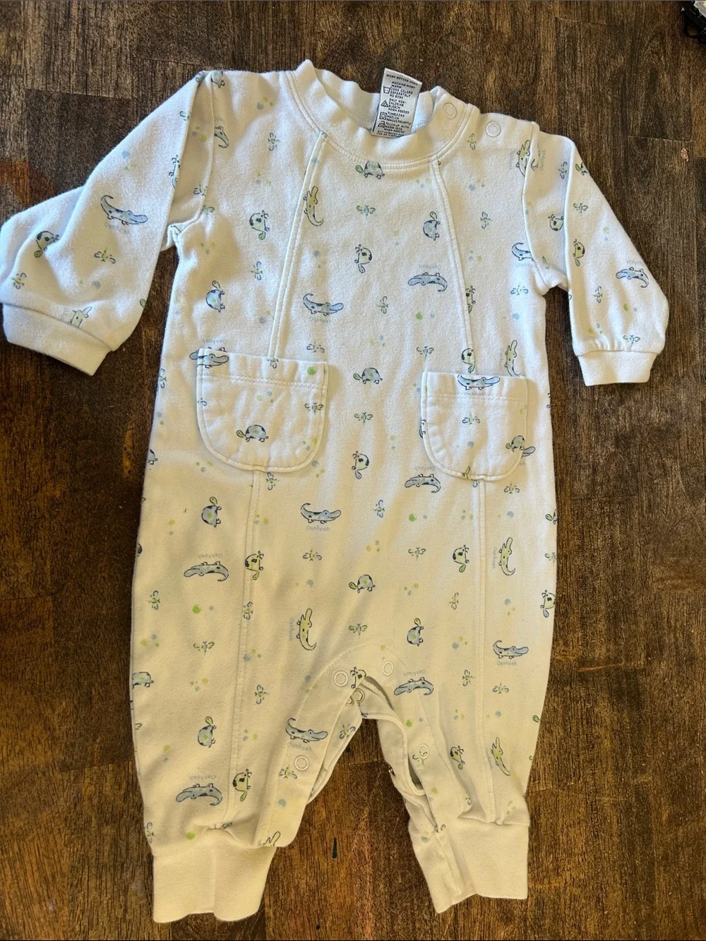 OshKosh B'gosh White Long-Sleeve One-Piece with Blue & Green Animal Print